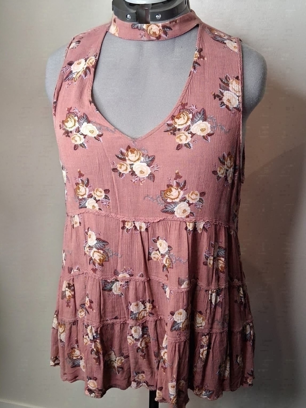 American Eagle Mauve Floral Choker Babydoll Top XL